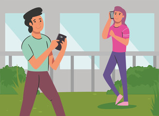 Fototapete - woman and man with smartphone in front of gray background vector design