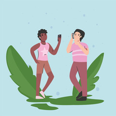 Fototapete - woman and man with smartphone and leaves vector design