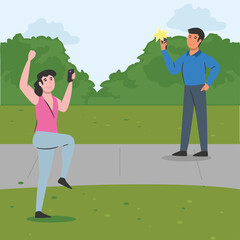 Fototapete - woman and man with smartphone at park vector design