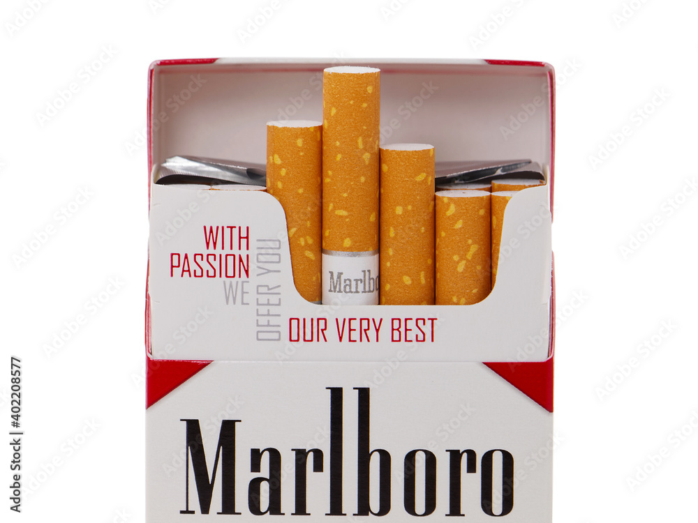 BUCHAREST, ROMANIA - APRIL 6, 2015. Pack of Marlboro Cigarettes isolated on  white, made by Philip Morris Stock Photo