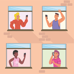 Fototapete - people with smartphone at windows building vector design