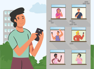 Fototapete - people with smartphone in building vector design