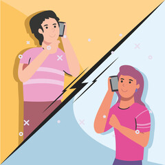 Fototapete - woman and man with smartphone calling vector design