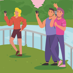 Fototapete - people with smartphone in front of river vector design