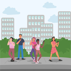 Fototapete - people with smartphone in front of city buildings vector design