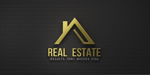 Real Estate House Gold Logo Design. 3D Rendering Illustration