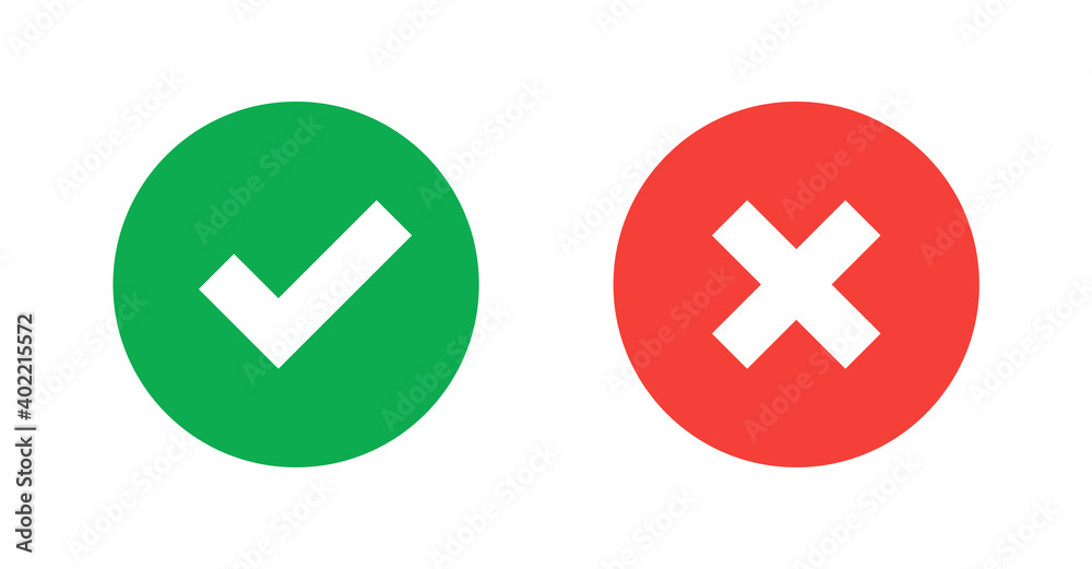 Green check mark and red cross icon.Set of simple icons in flat style: Yes/No, Approved/Disapproved, Accepted/Rejected, Right/Wrong, Correct/False, Green/Red, Ok/Not Ok. Vector illustration - obrazy, fototapety, plakaty 