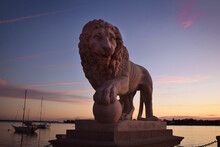Northwest Lion Statue At Historic Bridge Of Lions In Saint Augustine Florida