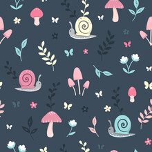 Seamless Surface Repeat Vector Pattern Design With Little Pink, Blue And Yellow Snails, Mushrooms, Butterflies, Flowers And Leaves On A Dark Blue Background