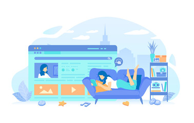 Wall Mural - Girl lying on the couch at home writes texts, messages, shares photos and videos. Blogging Blog post writing, social network page, content making. Vector illustration flat style.