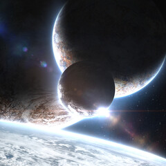 Wall Mural - three planets orbiting each other in deep space cosmos web with bright atmosphere and glow with andr