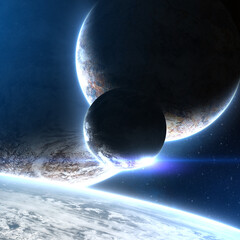 Wall Mural - three planets orbiting each other in deep space cosmos web with bright atmosphere with blue glow and