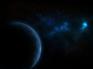 bright space scene with galaxy in the universe with nebula and one planet in blue tones
