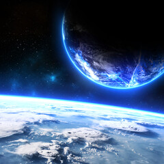Wall Mural - large glowing blue planet on orbiting another exoplanet like a satellite. elements of this image fur
