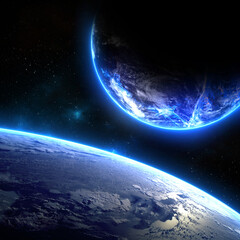Wall Mural - large glowing blue planet on orbiting another exoplanet like a satellite. elements of this image fur