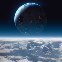 Wall Mural - earth orbiting another planet. view from the horizon with cloud and atmosphere. elements of this ima