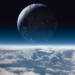 Wall Mural - earth orbiting another planet. view from the horizon with cloud and atmosphere. elements of this ima