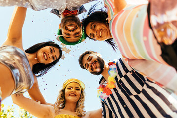 Brazilian Carnival. Group of Brazilian people celebrating the carnival party in the city