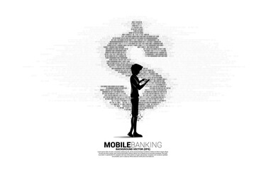 Wall Mural - Silhouette of man using mobile phone and money dollar currency with one and zero binary code digit matrix style. Background Concept for electronic money and digital banking