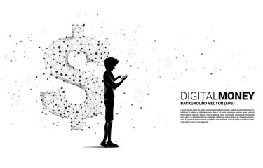 Poster - Silhouette of man using mobile phone money dollar icon from Polygon dot connect line. Business Concept of online banking and digital money.