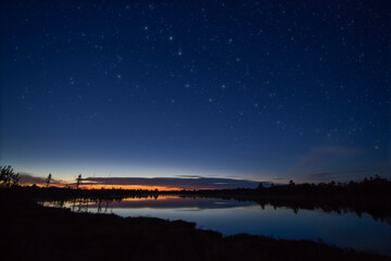 Wall Mural - Constellation Ursa Major (big dipper or Great Bear) in the night starry sky over a lake right after sunset