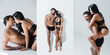 © LIGHTFIELD STUDIOS - Collage of shirtless man hugging and piggybacking sexy woman in lingerie on grey background, banner