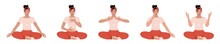 Vector SET. Young Woman Sitting In Various Poses And Practice Deep Breathing Or Yoga. Abdominal Breathing. Breath Awareness Exercise.