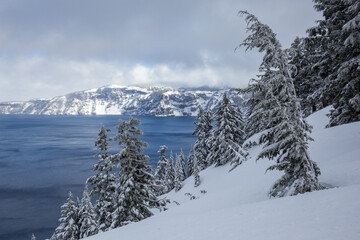 Poster - Winter scene with blue waters of Crater Lake, Oregon