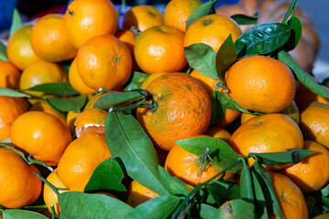 Wall Mural - étal de mandarines avec feuilles