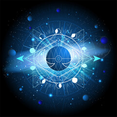 Wall Mural - Vector illustration of Sacred geometric symbol against the space background with galaxy and stars. Mystic sign drawn in lines. Image in blue color.