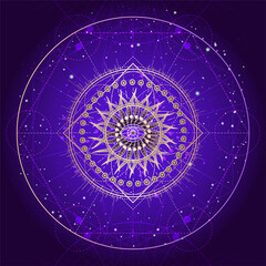 Wall Mural - Vector illustration of Sacred geometry symbol on abstract background. Mystic sign drawn in lines. Image in purple color.