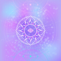 Wall Mural - Vector illustration of Sacred geometry symbol on abstract background. Mystic sign drawn in lines. Image in purple color.