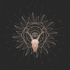 Wall Mural - Vector illustration with hand drawn Antelope skull and Sacred geometric symbol on black vintage background. Abstract mystic sign. Gold linear shape.