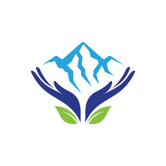 Nature Care. Mountain logo with hand and leaf. Simple mountain flat logo template