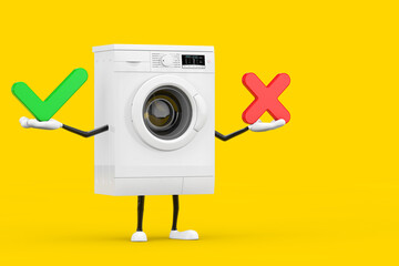 Aufkleber - Modern White Washing Machine Character Mascot with Red Cross and Green Check Mark, Confirm or Deny, Yes or No Icon Sign. 3d Rendering