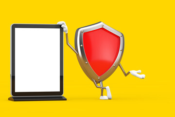 Aufkleber - Red Metal Protection Shield Character Mascot with Blank Trade Show LCD Screen Stand as Template for Your Design. 3d Rendering