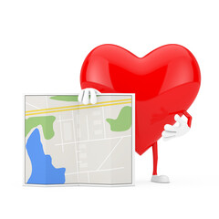 Poster - Red Heart Character Mascot with Abstract City Plan Map. 3d Rendering