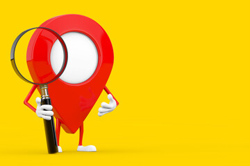 Poster - Red Map Pointer Target Pin Character Mascot with Magnifying Glass. 3d Rendering