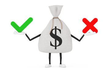 Aufkleber - Tied Rustic Canvas Linen Money Sack or Money Bag and Dollar Sign Character Mascot with Red Cross and Green Check Mark, Confirm or Deny, Yes or No Icon Sign. 3d Rendering