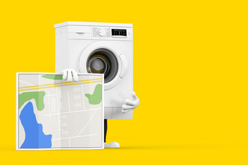 Poster - Modern White Washing Machine Character Mascot with Abstract City Plan Map. 3d Rendering