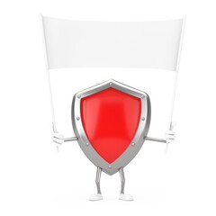 Poster - Red Metal Protection Shield Character Mascot and Empty White Blank Banner with Free Space for Your Design. 3d Rendering
