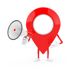 Poster - Map Pointer Pin Character Mascot with Red Retro Megaphone. 3d Rendering