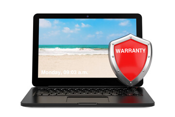 Aufkleber -  Modern Laptop Computer Notebook with Red Metal Protection Warranty Shield. 3d Rendering