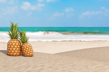 Poster - Fresh Ripe Tropical Healthy Nutrition Pineapple Fruit on the Ocean or Sea Sand Beach. 3d Rendering