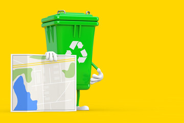 Poster - Recycle Sign Green Garbage Trash Bin Character Mascot with Abstract City Plan Map. 3d Rendering