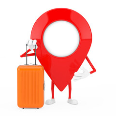 Leinwandbilder - Map Pointer Pin Character Mascot with Orange Travel Suitcase. 3d Rendering