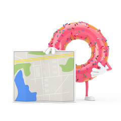 Poster - Big Strawberry Pink Glazed Donut Character Mascot with Abstract City Plan Map. 3d Rendering