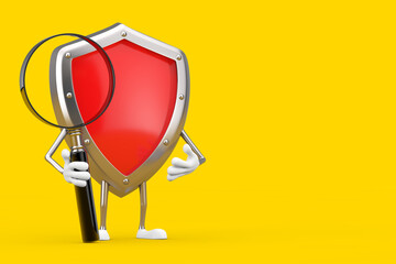 Poster - Red Metal Protection Shield Character Mascot with Magnifying Glass. 3d Rendering