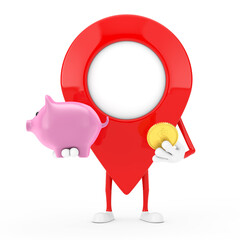 Poster - Map Pointer Pin Character Mascot with Piggy Bank and Golden Dollar Coin. 3d Rendering