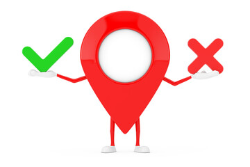 Aufkleber - Map Pointer Pin Character Mascot with Red Cross and Green Check Mark, Confirm or Deny, Yes or No Icon Sign. 3d Rendering